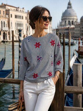 RB Roberta‎ Biagi Embroidered Floral Pinstriped Top Size Medium Nautical Italy